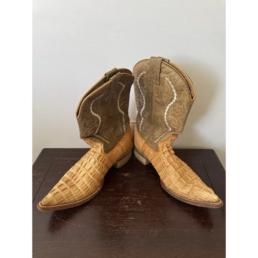 Gran Rider Croc Print Western Cowboy Boots Tan Brown Men’s 8.5 Made Mexico